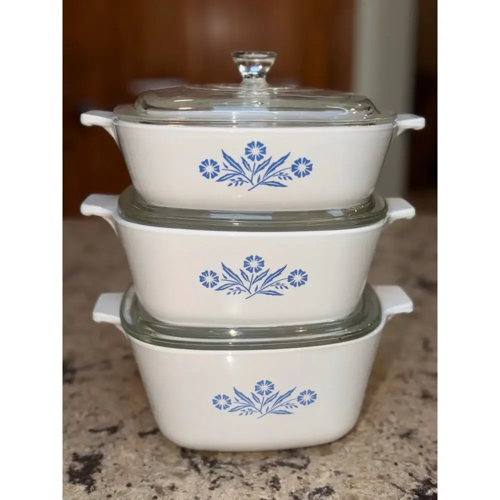 Vintage CorningWare Blue Cornflower Petite Casserole Set W/ Pyrex Lids